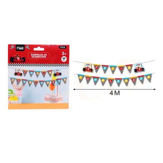 GUIRNALDA TRIANGULAR DE CUMPLEAÑOS AUTOS CARRERA 4M X1U
