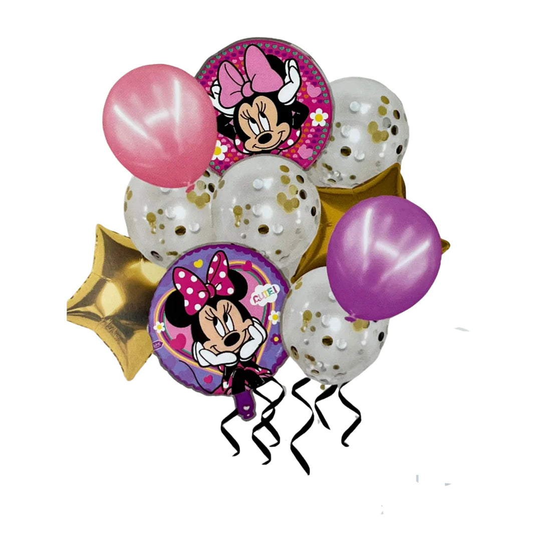 SET GLOBOS LISOS, CONFETI Y METALICO MINNIE X12U